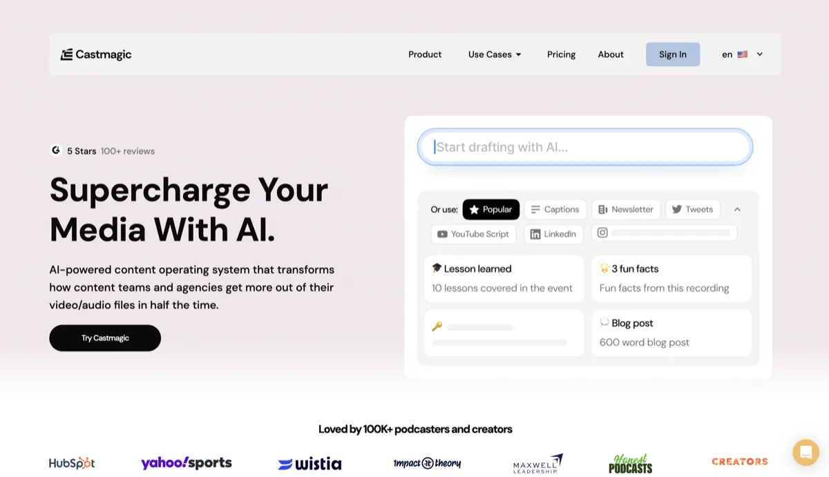 Castmagic homepage - AI content from audio