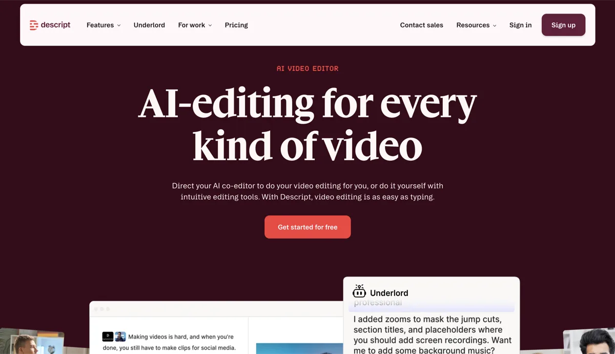 Descript homepage - AI video editor