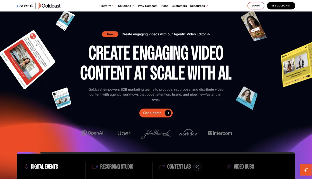 Goldcast homepage - B2B video content platform