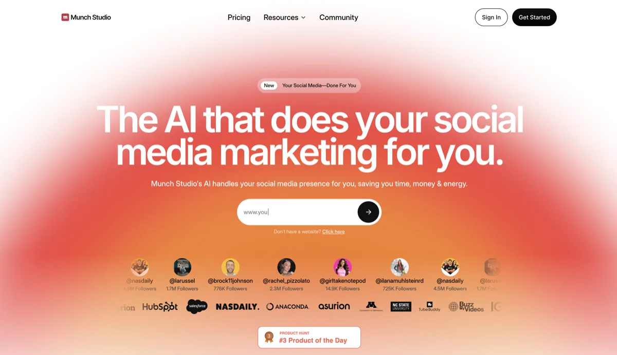 Munch Studio homepage - AI social media marketing