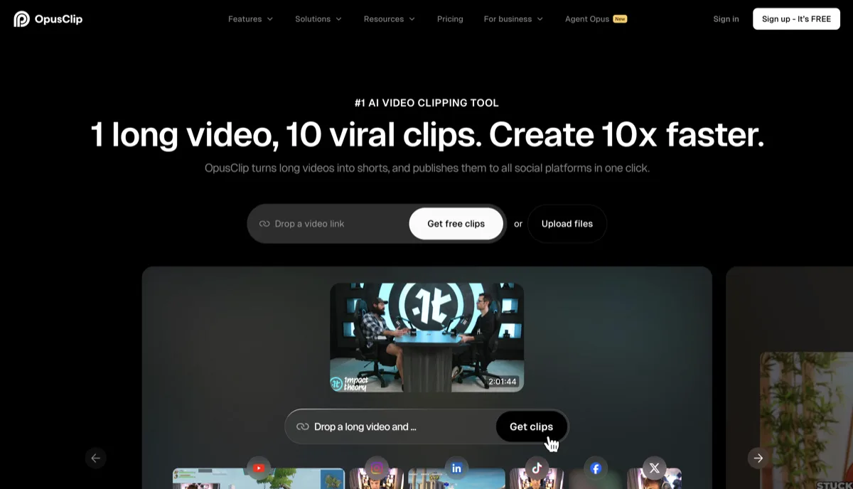 Opus Clip homepage - AI video clipping tool