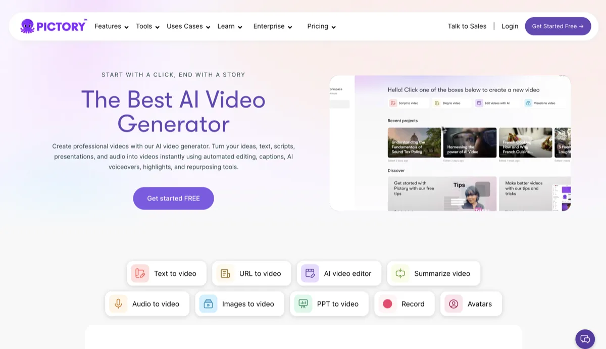 Pictory homepage - AI video generator