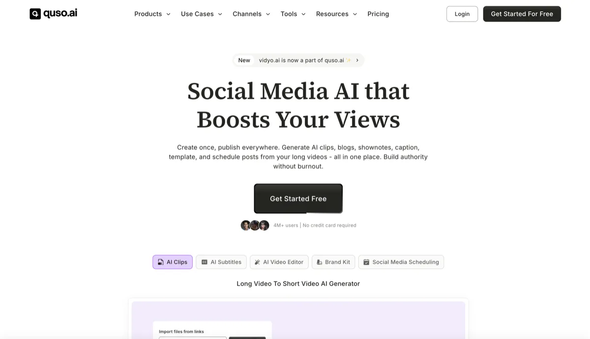 Quso.ai homepage - social media AI tool