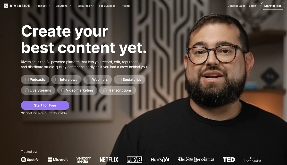 Riverside homepage - recording and repurposing platform